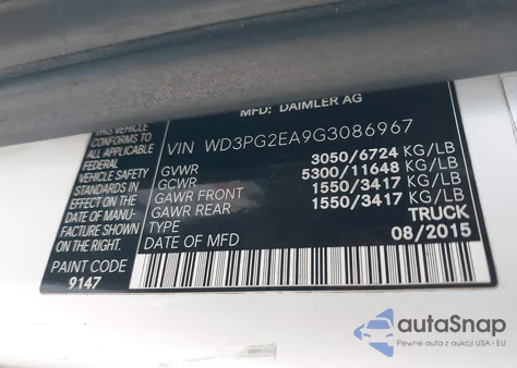 2016 Mercedes-Benz Metris z USA, uszkodzony, nr VIN WD3PG2EA9G3086967